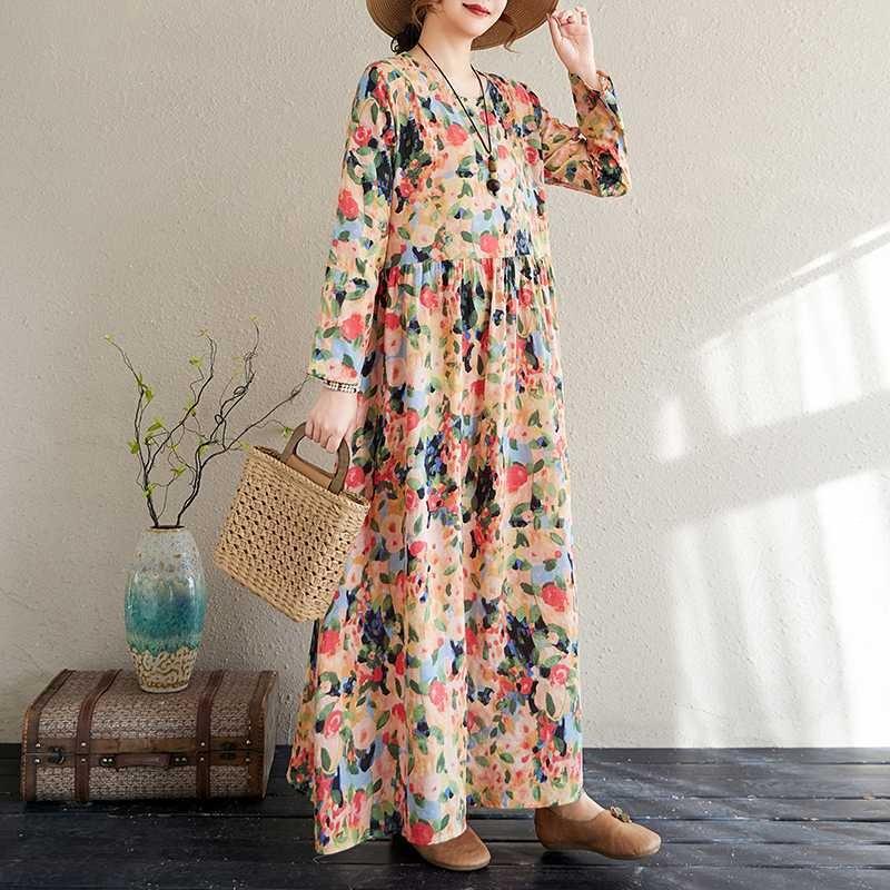 Travel Round Neck Vintage Long Flesh Covering Dresses