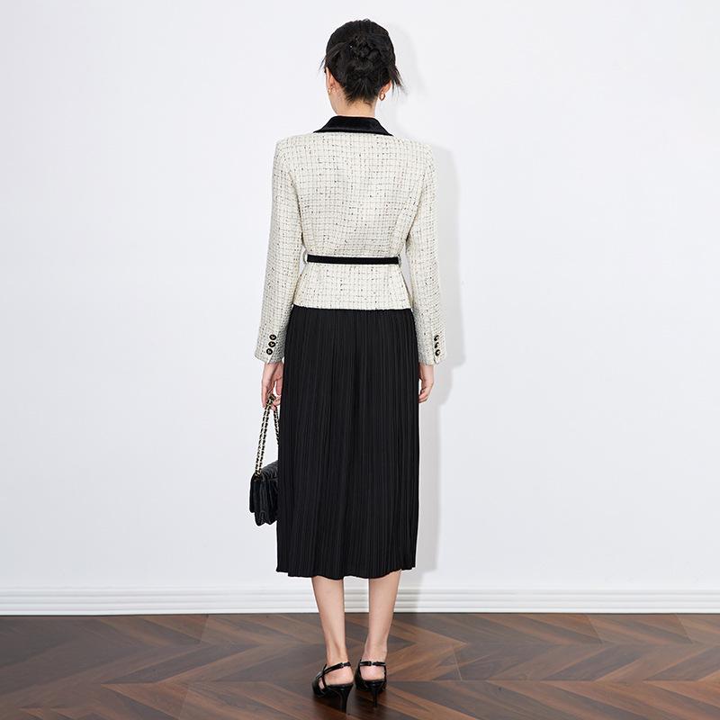 French Light Luxury Sequin Tweed Jacket + Pleated Midi Skirt Set