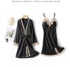 Women's Silk Five-Piece Pajama Set: Spring/Autumn Nightdress & Robe with Chest Pad