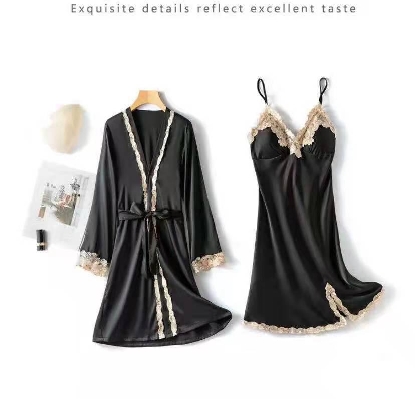Women's Silk Five-Piece Pajama Set: Spring/Autumn Nightdress & Robe with Chest Pad