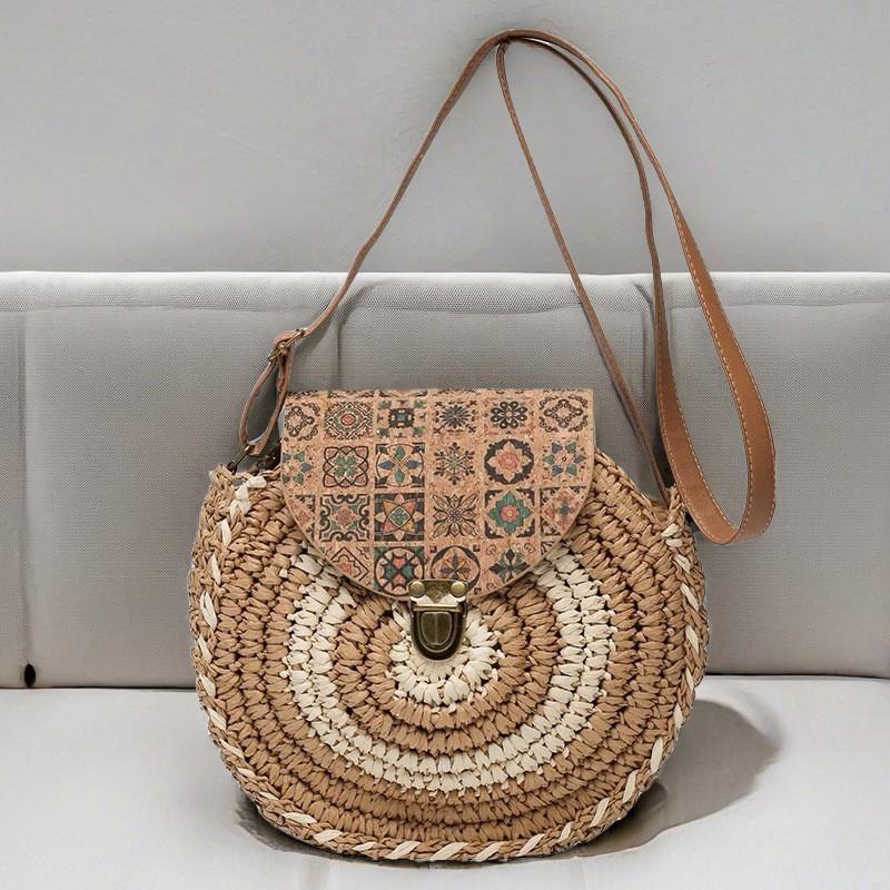 Круглая соломенная плетеная сумка через плечо в национальном стиле, универсальная, маленькая, женская, портативная хаки