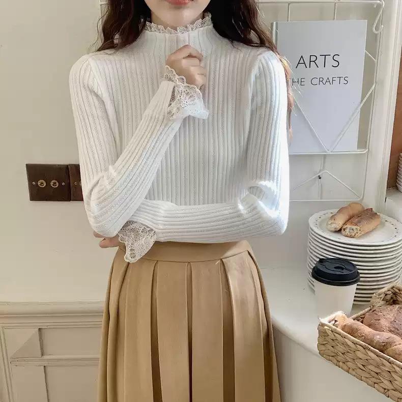 Lace Trim Semi-High Neck Slim Fit Women's Sweater - Apricot Knit Long Sleeve Top