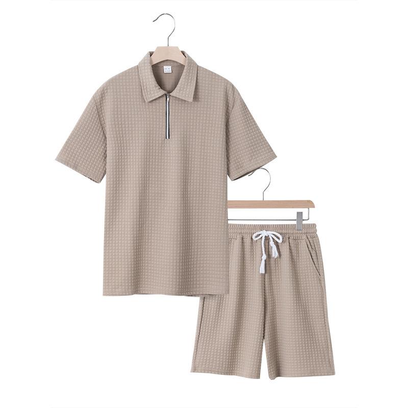Summer Men’s Short-Sleeved Set: Jacquard Small Check Loose-Fit Casual Polo Shirt Set for Men