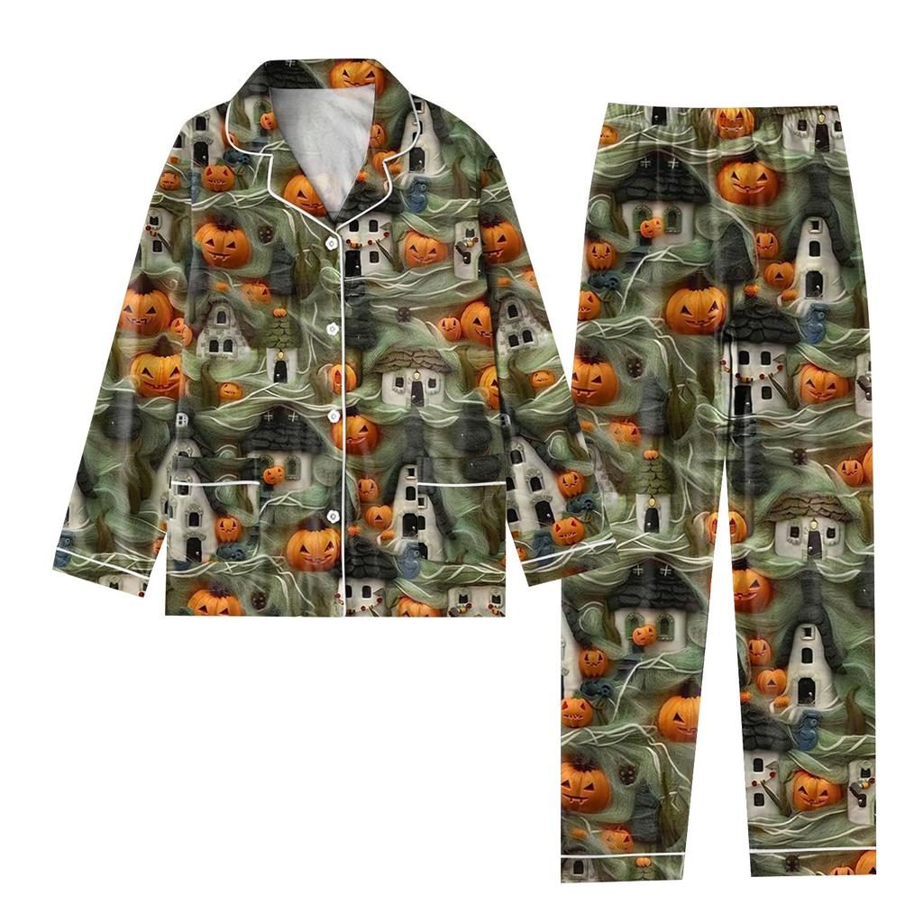 2-teiliger bedruckter Damen-Anzug, langärmelig, Oberteil mit Knopfleiste, weite Hosen, Anzug-Set, Schlafanzug, Home-Casual-Anzug