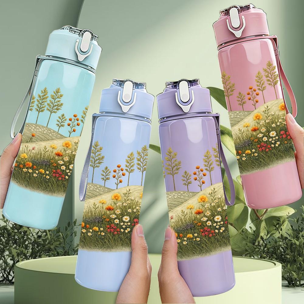 1PC Small Trees On Green Meadow Hill Print 750ml Color Plastic Sports Water Bottle Leakproof Flip Straw Lid Suitable for Sports Office Home Use