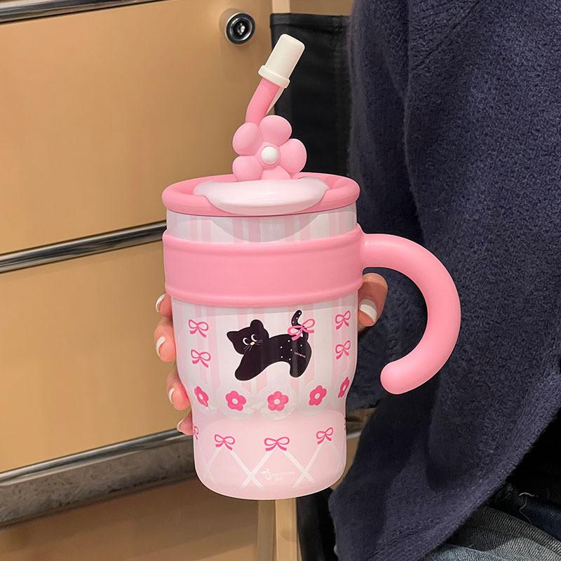 Cute Cartoon Insulated Travel Mug With Handle For Office And Outdoor Use