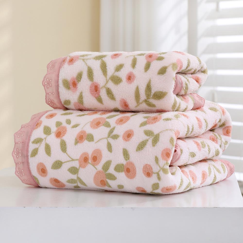 Floral Coral Fleece Bath Towel Set - Thick, Soft, and Super Absorbent with Lace Detailing