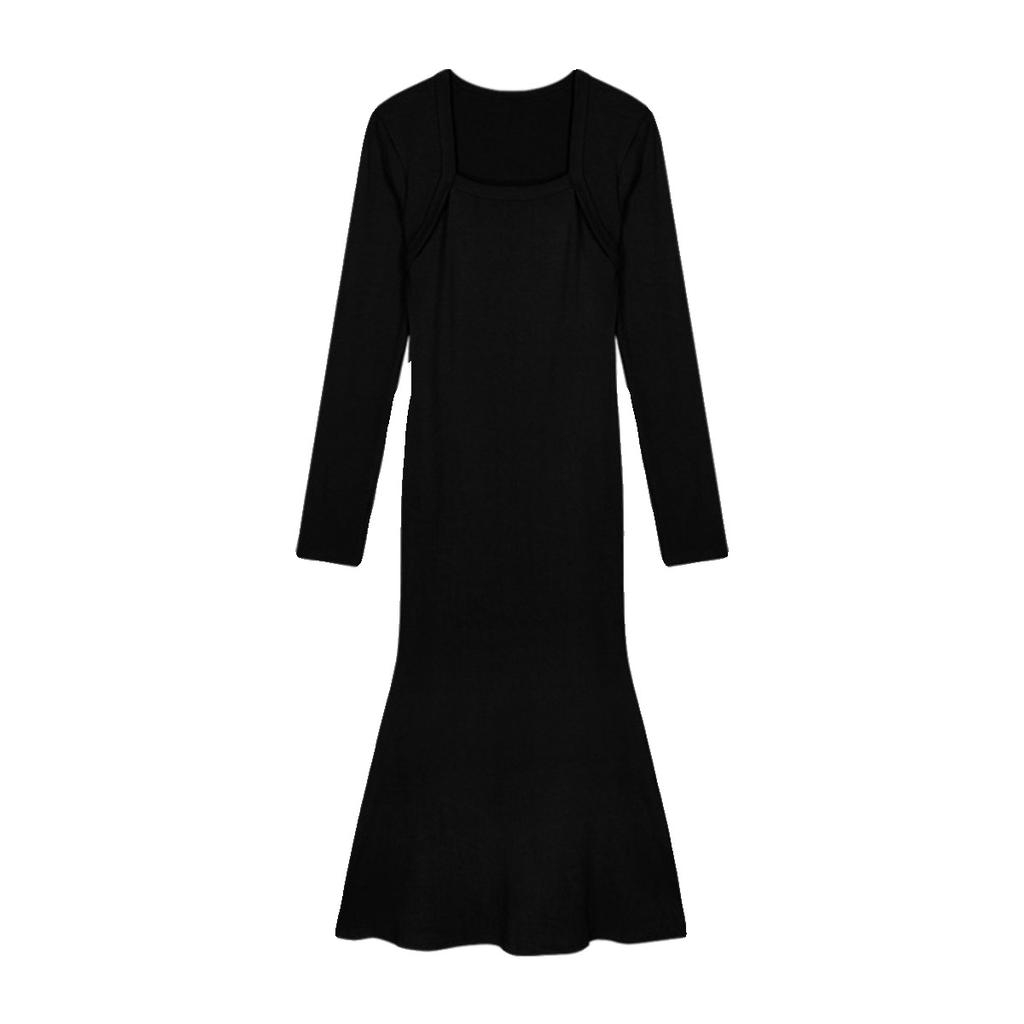 Pure and Elegant French Sexy Square Neck Long Sleeve Dress for Women, Autumn/Winter New Slim Fit Hot Girl Hip-hugging Mermaid Long Dress