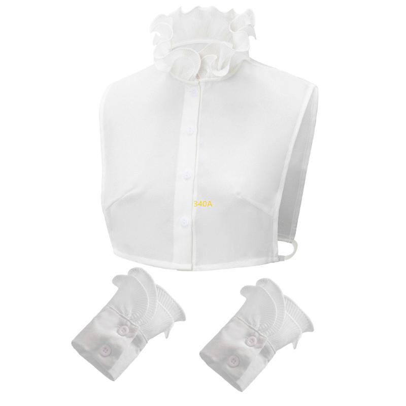 Fashion Detachable Ruffle V Neck Sweater Collar Insert Half Shirt Includes 2 Wrist Cuffs Fake Sleeves Set for Women