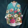 Women's Loose Ruffled Retro Floral Print Stand Collar Long Sleeve Cotton And Linen Top