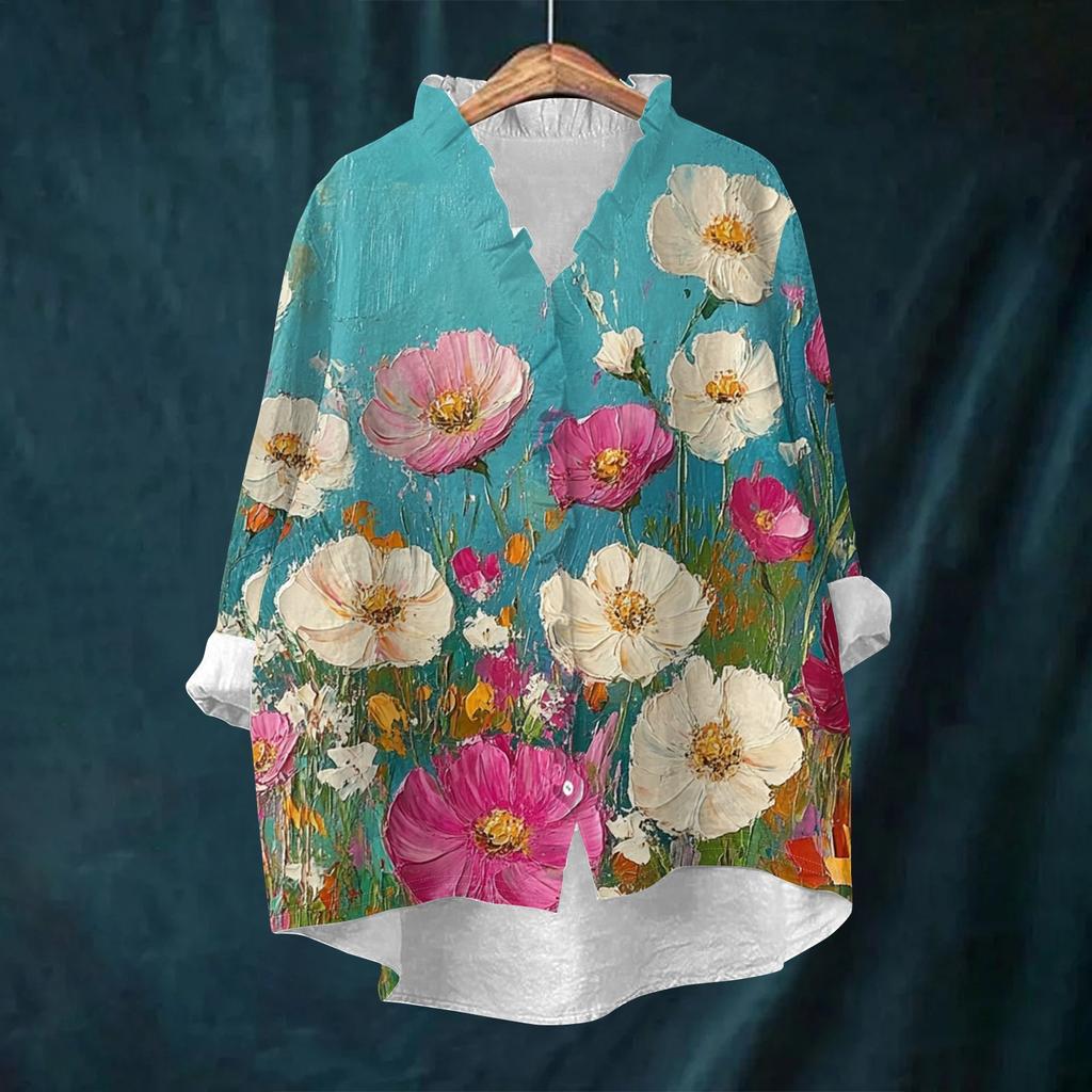 Women's Loose Ruffled Retro Floral Print Stand Collar Long Sleeve Cotton And Linen Top