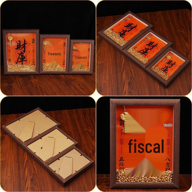 Yellow Dzambhala Wealth Replenishing Photo Frame Ornament - 6", 7", 8" - Small Ingots, Gold Treasury Key Desk Display.