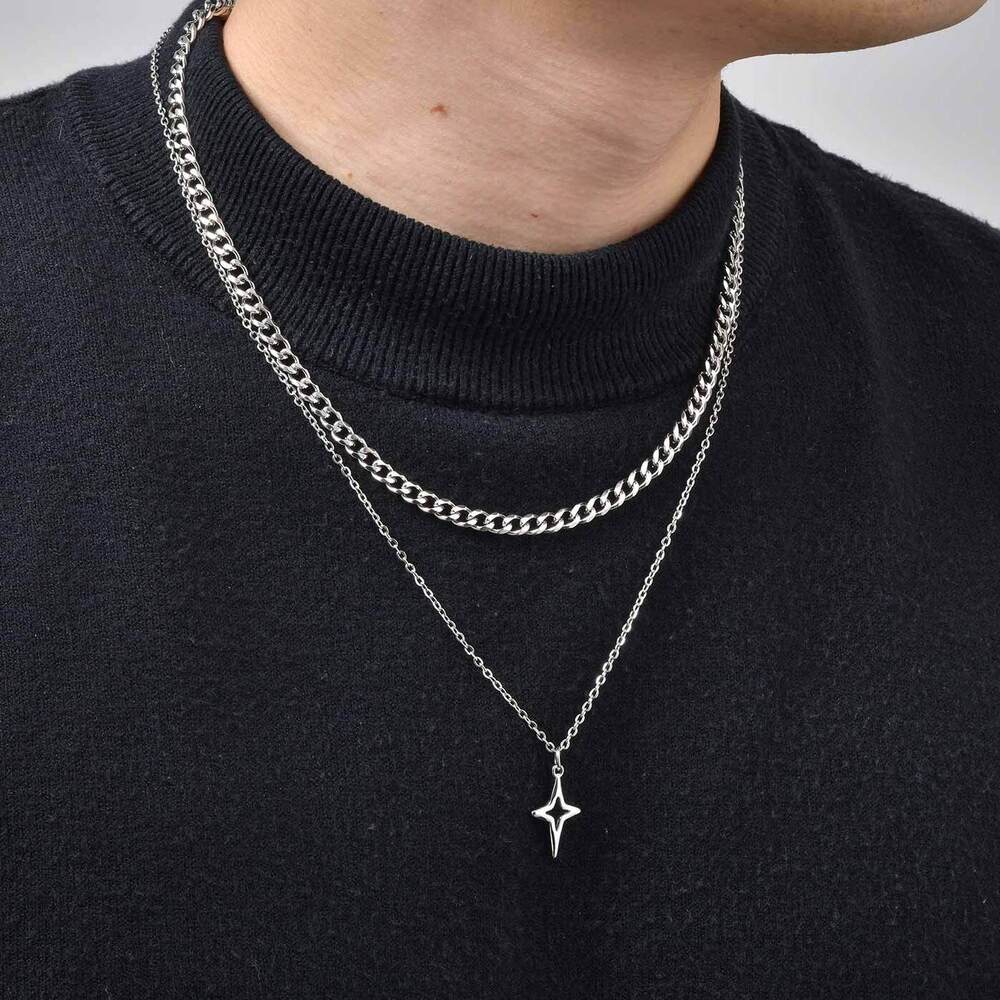 Hip-hop 2pcs Star Necklace for Men Boys,Trendy Stainless Steel Silver Color Four-point Star Stacked Chokers Gift