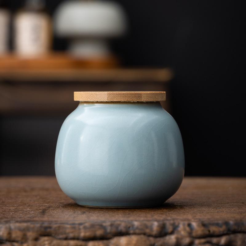 Tea Canister Ceramic Small Tianqing Ru Kiln Crackle Sealed Household Tea Storage Canister Pu'er Tea Green Tea Packaging Canister