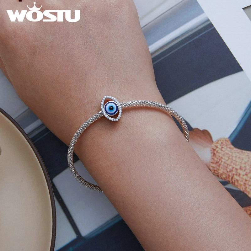 WOSTU 925 Sterling Silver Blue Evil Eye Charms Fatima's hand Beads Fit Original Bracelet DIY Necklace Jewelry Make New Year Gift