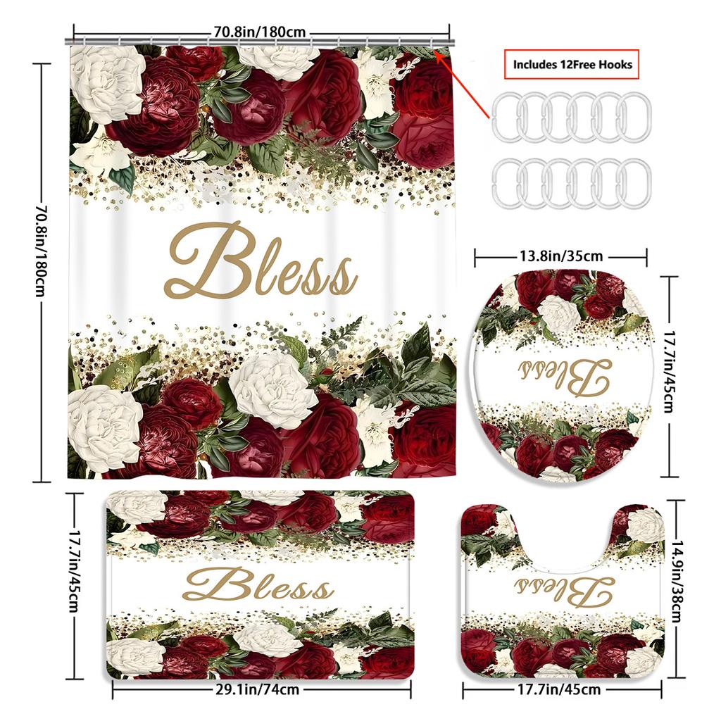 4 Stück Rose Segen Druck Wasserdichter Duschvorhang Mit 12 Haken Rutschfester Badezimmerteppich WC U-Form Matte Toilettendeckel Abdeckung