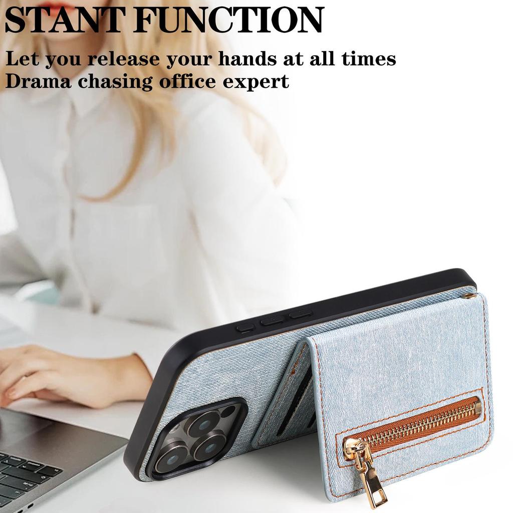 iPhone 17 Case with Denim Texture and Zipper Card Holder for Apple 16 Pro Max/15/14