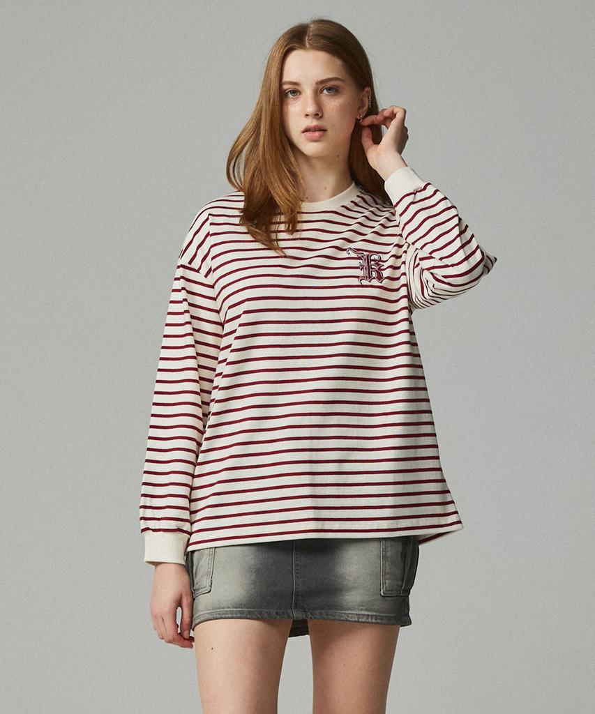 KITTY POTTERY Simple Logo Embroidered Striped T-Shirt Ivory & Wine