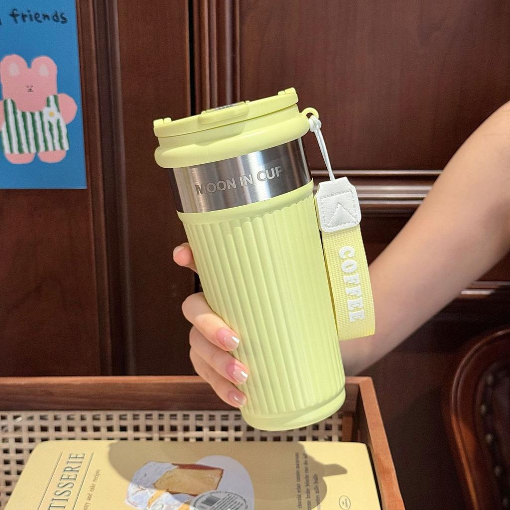 Striped Coffee Thermos Cup Portable Stainless Steel Coffee Cup Going Out Straw Water Cup Women's New High-value Cup