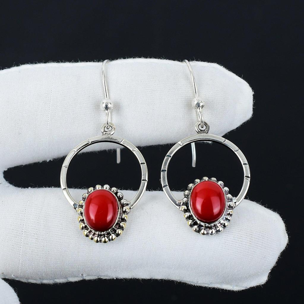 Cercei cu Piatră Prețioasă Coral Roșu Natural, Cercei din Argint Sterling 925, Cercei Atârnători Bijuterii Boho Handmade din Argint, Cadou de Ziua de Naștere Pentru Bărbați