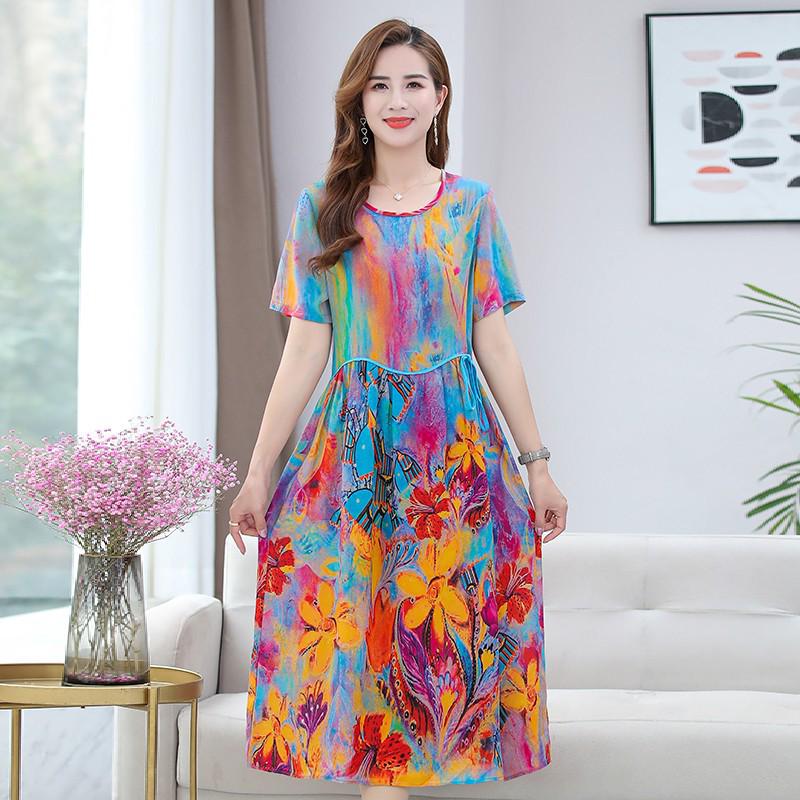 Summer Fashion Printed Chiffon Dress for Middle-aged Women - Short Sleeve, Mid-length