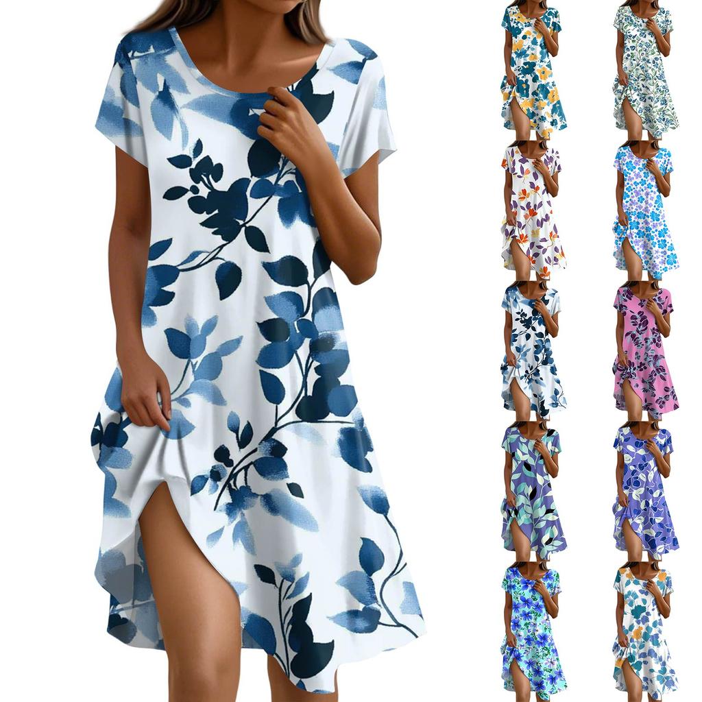 Women's Summer Short Sleeve Round Neck Floral Print Bohemian Dress With Pockets