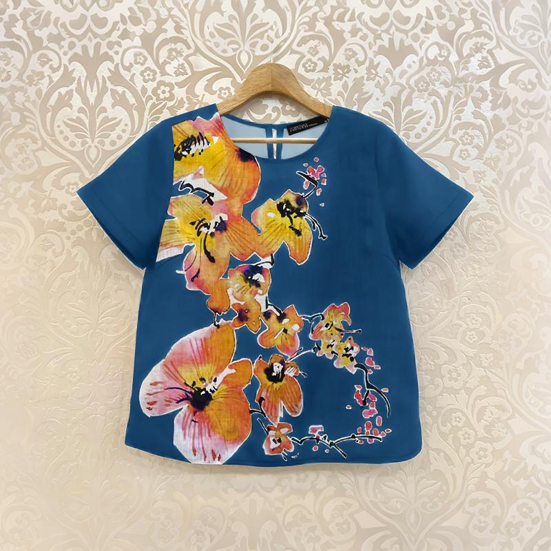 ZANZEA Women Floral Print Summer Casual Round Neck Short Sleeve Blouse