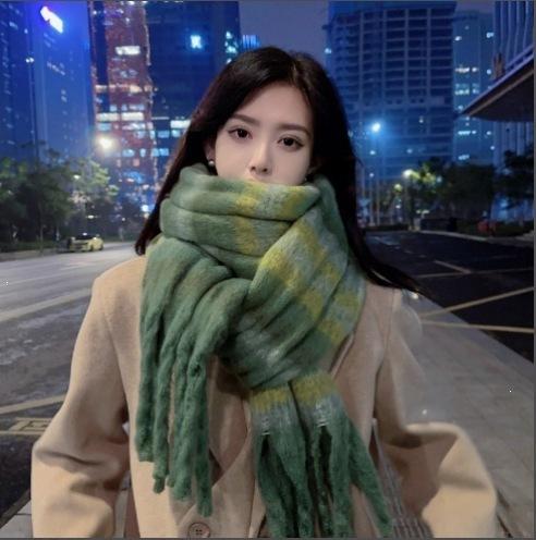 Mohair plaid scarf women's winter sea salt milk coffee blue thickened atmosphere warm student shawl scarf