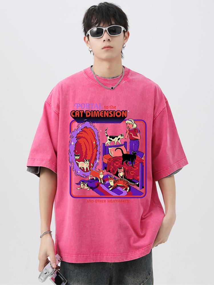 Portal To The Cat Dimension Print Washed Retro Men Tshirt Summer Loose Cotton T Shirt Breathable Clothes Oversize Casual Tees