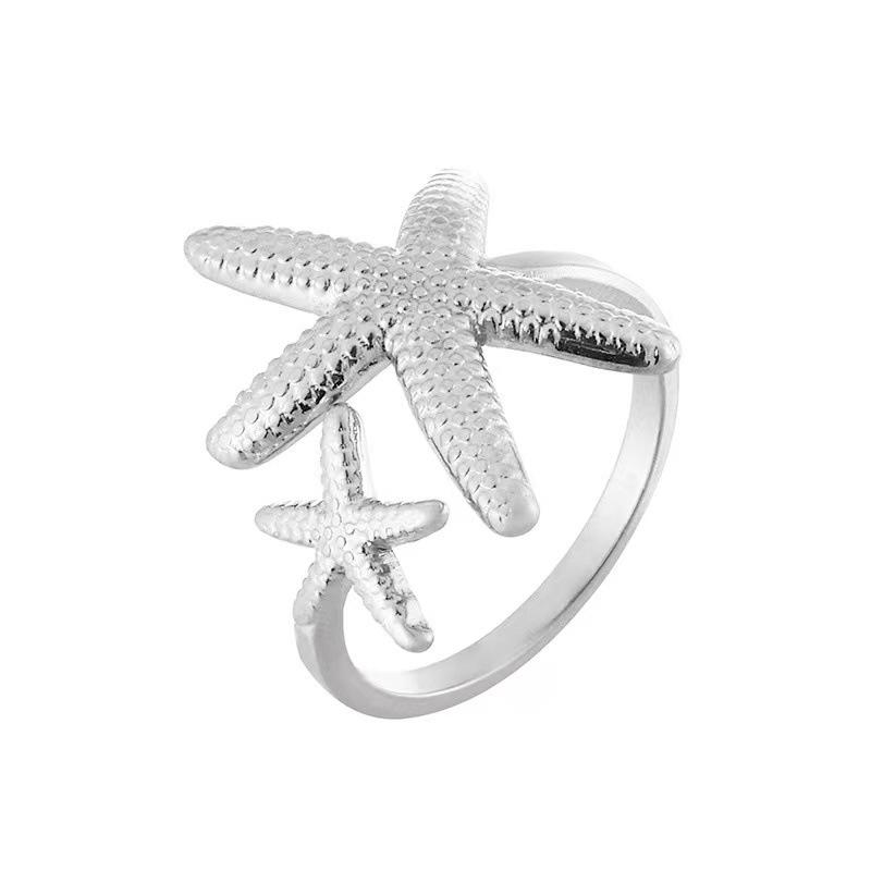 Stainless Steel Starfish Open Rings For Women Men Fashion Golden Color Irregular Textured Starfish Adjustable Ring Jewelry Gift