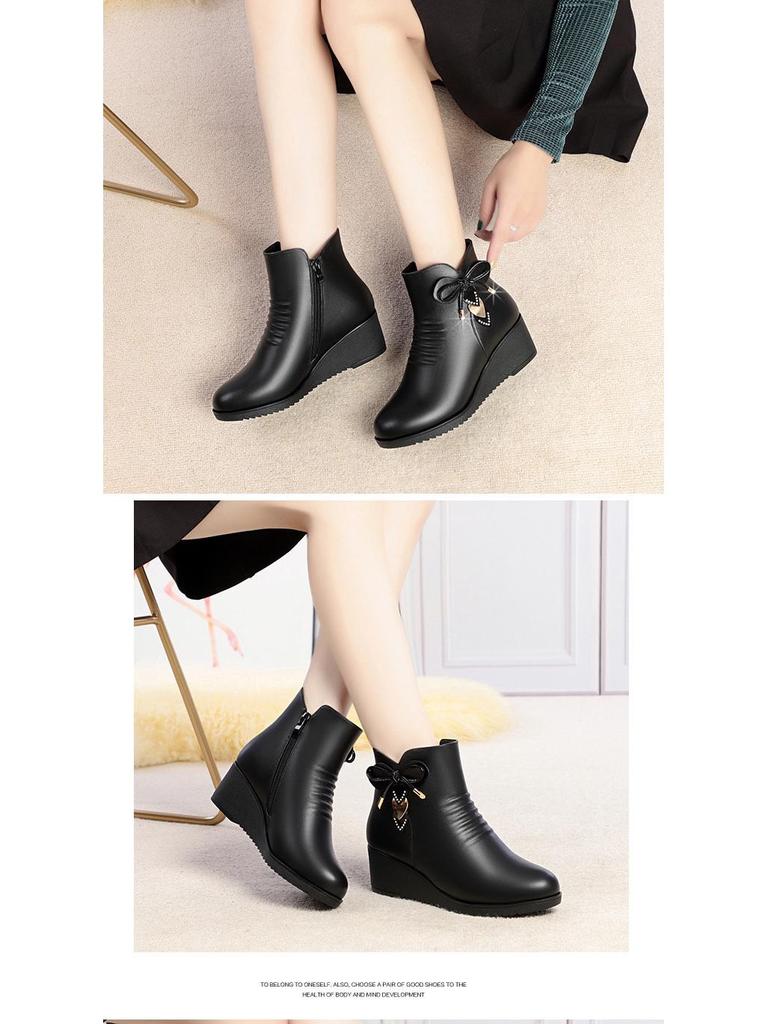 Autumn Winter Women’s Non-Slip Wedge Heel Ankle Boots - Warm Velvet Lined for Mature & Elderly
