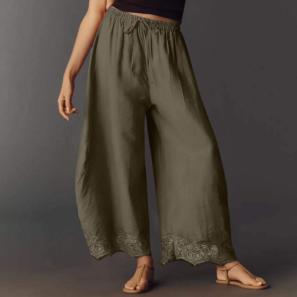 Women's Casual Wide Leg Pants Elastic Waistband Drawstring Bottom Hem Lace Trim Palazzo Trousers for Everyday Wear