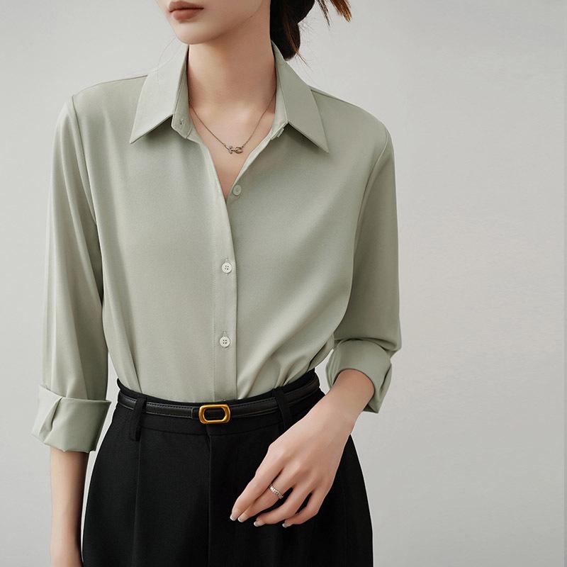 Women's Acetate Satin Long Sleeve Shirt - 2025 Spring & Autumn Petite Collection, French-Inspired High-End Design