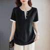 Women V Neck Button Up Short Sleeve T Shirt Casual Loose Solid Top