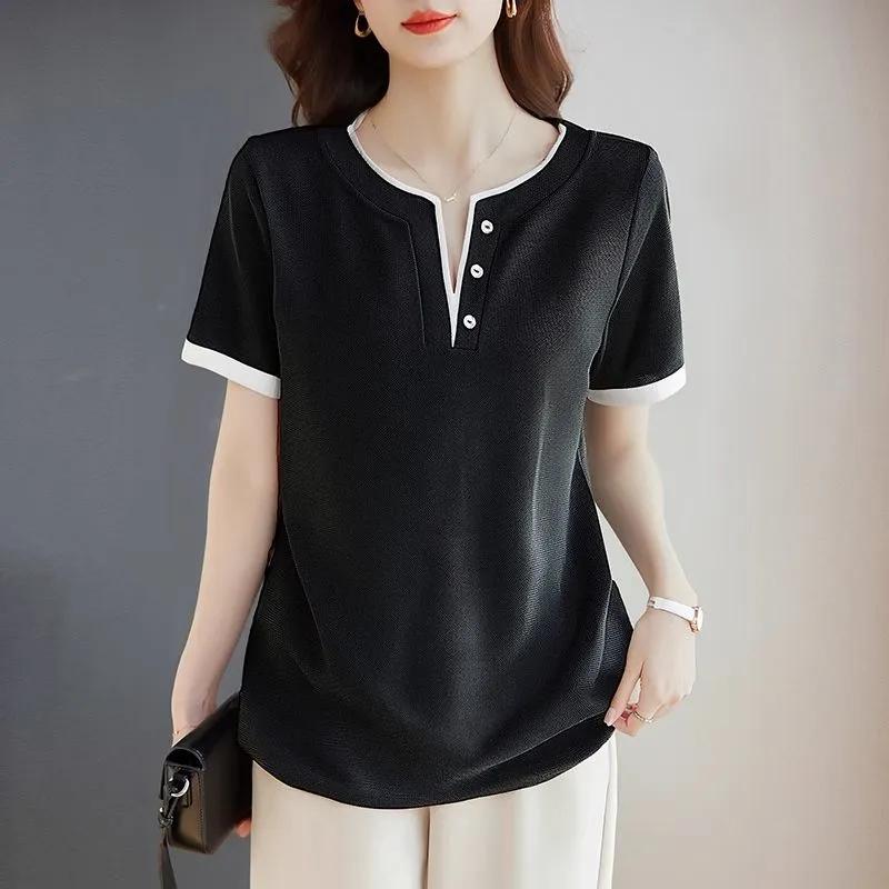 Women V Neck Button Up Short Sleeve T Shirt Casual Loose Solid Top