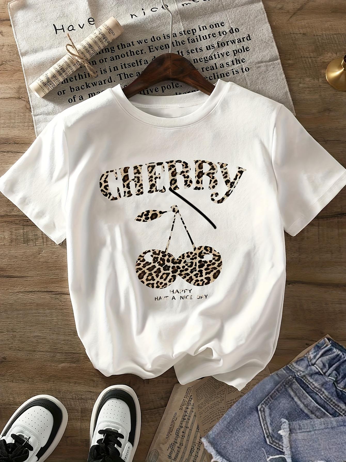 Cherry Print Fashion Women S Short Sleeve Round Neck Short Sleeve Top S