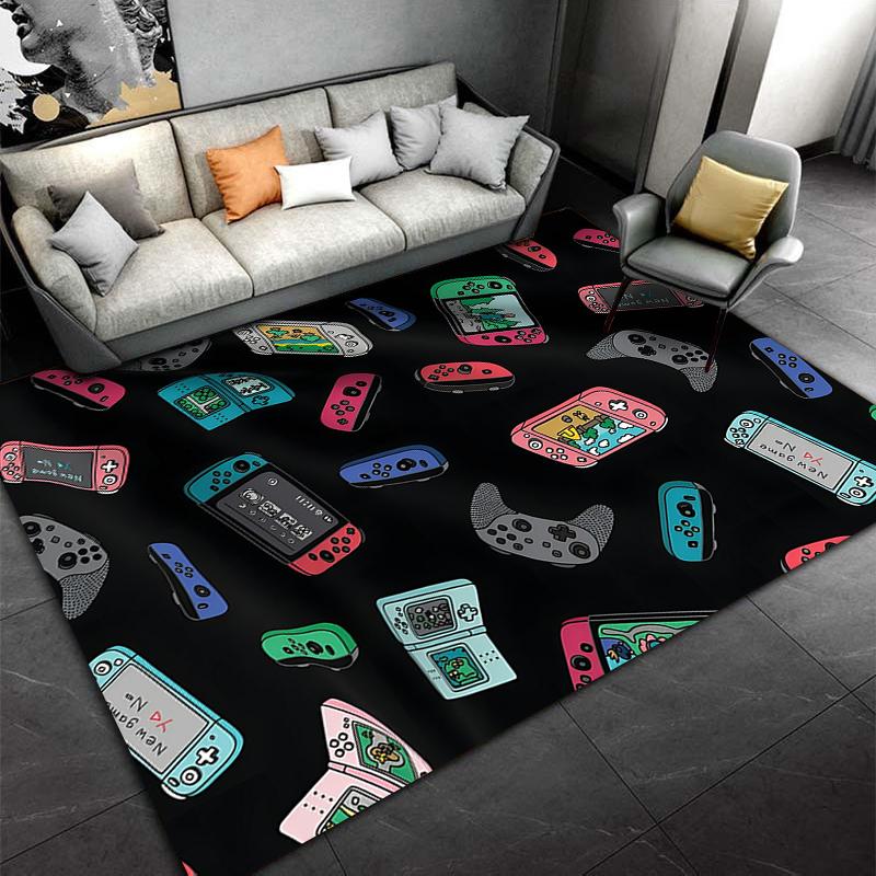 Gaming Console Pattern Carpet with Black Background, Colorful Design Suitable for use as an anti-slip for living room bedroom sofas