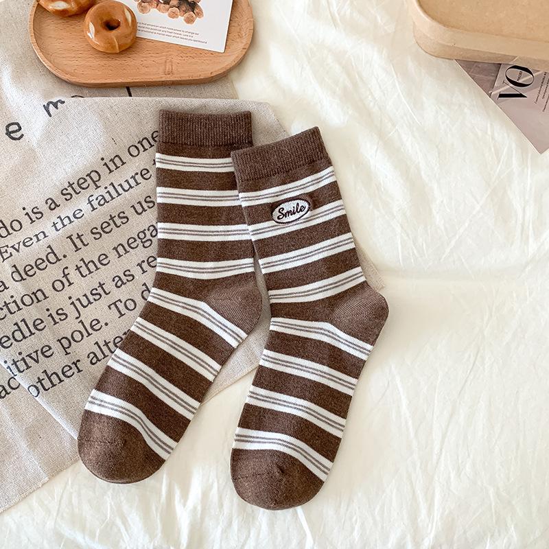 Women's Striped Embroidered Wool Mid-Calf Socks - Soft, Thick, Warm, Japanese Style for Autumn/Winter
