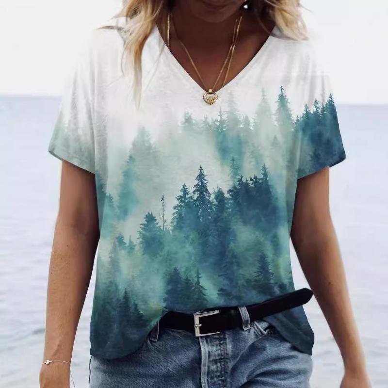 Sommer 3D-Druckmuster Locker Lässig V-Ausschnitt Kurzarm T-Shirts Damen