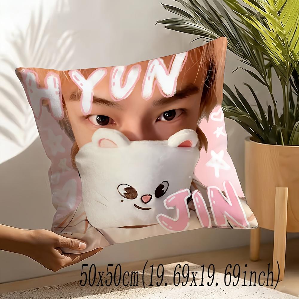Hyunjin Graphic Pillow Cover Pink Pastel Star Heart Pattern Decorative Pillowcase For Sofa Bed Bedroom Fan Gift