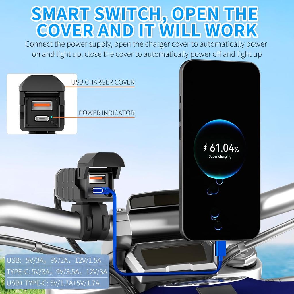 Motorcycle USB Charger, Dual USB Type C 30W PD & QC 3.0 Motorcycle Phone Charger With Voltmeter & ON/Off Switch, Waterproof ATV/Motorcycle/Dirt Bike