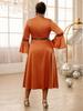AOMEI Brown Satin Dresses Women Mock Neck Long Flare Sleeve Empire A Lline Evening Cocktail Party Midi Dress