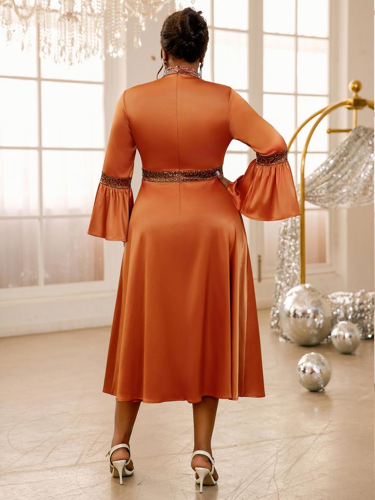 AOMEI Brown Satin Dresses Women Mock Neck Long Flare Sleeve Empire A Lline Evening Cocktail Party Midi Dress