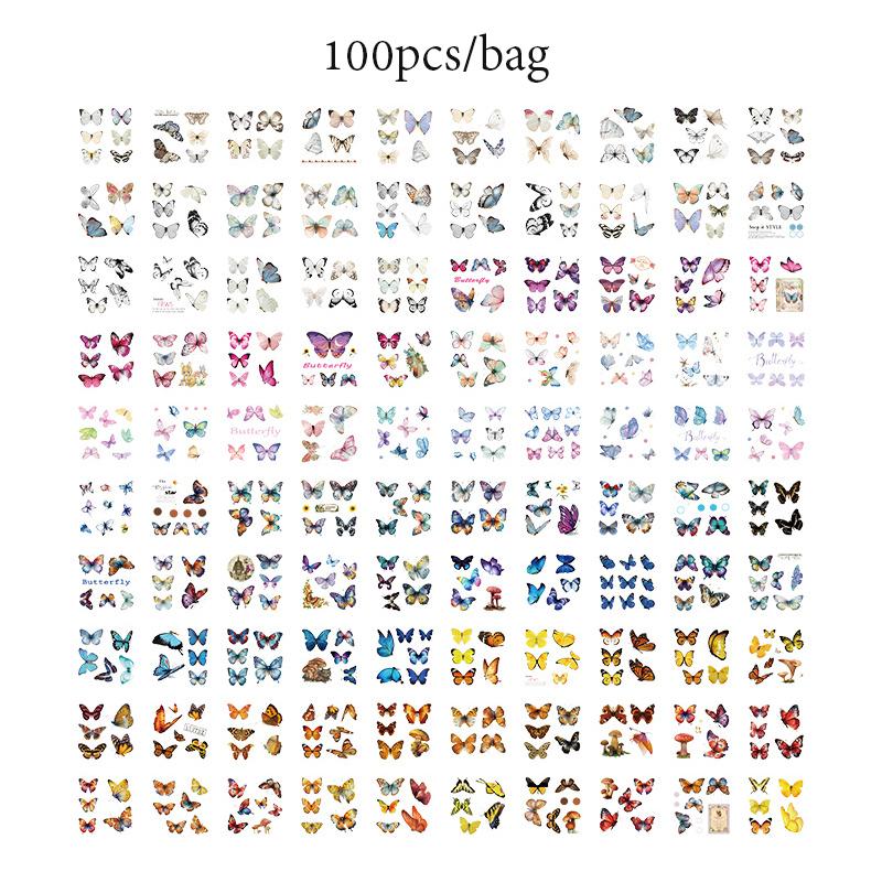 100 Sheets Waterproof PET Stickers Vintage Butterfly Flower Girl DIY Account Material Sticker