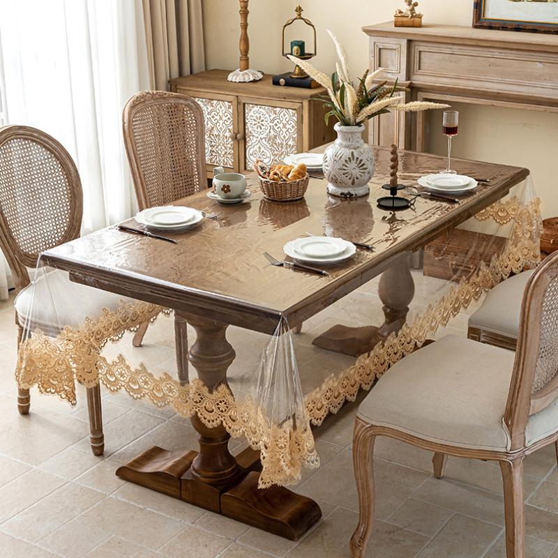 Clear Tables Cover PVC Transparent Embroidered Lace Table Cloth Soft Waterproof Tablecloth Household Rectangle Round Plastics Table Mat