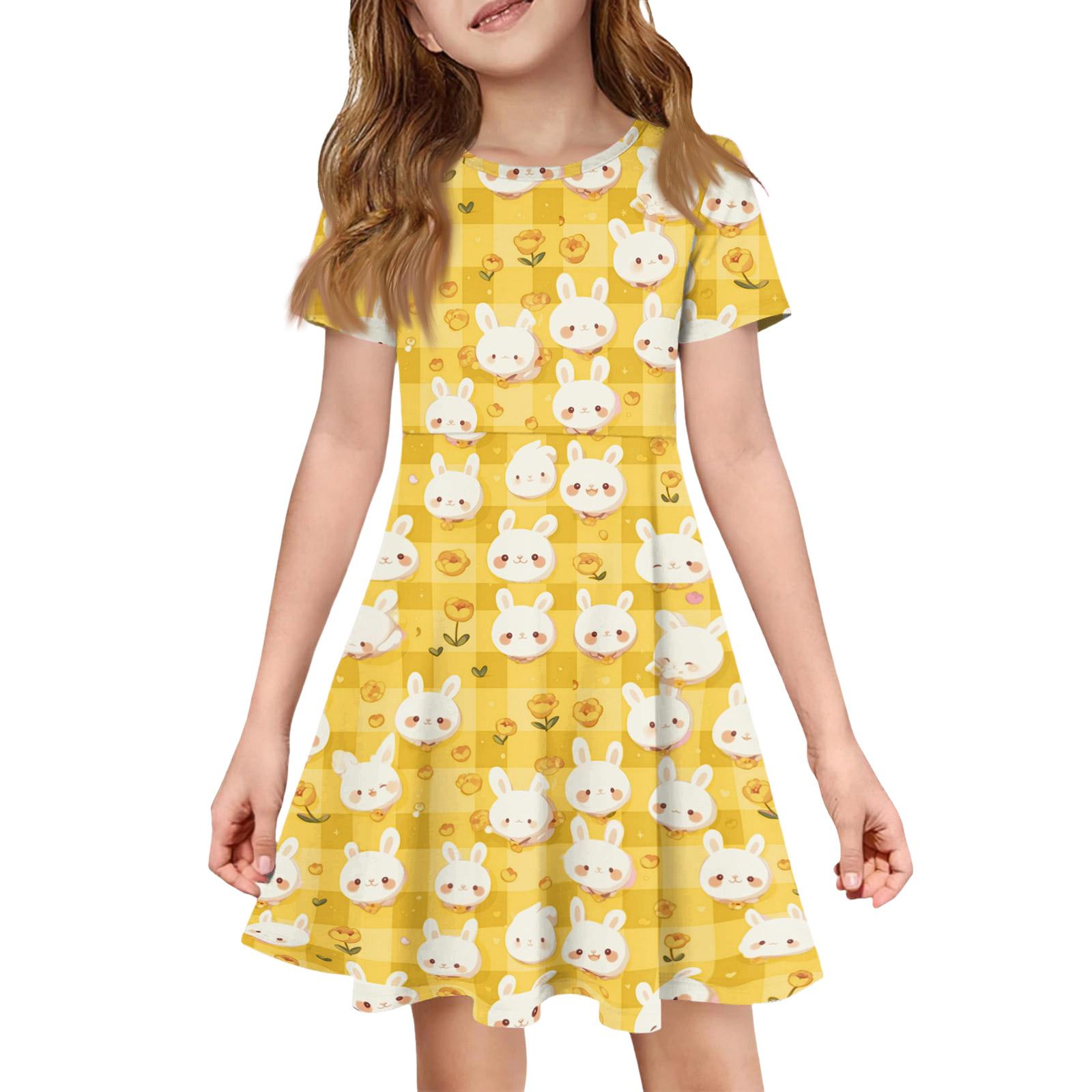 

Girl Summer Dress Color & Print Short Sleeve Dress With Pocket Casual Dress Shorts Sleeve Party Dress Easter Day 160 жовтий