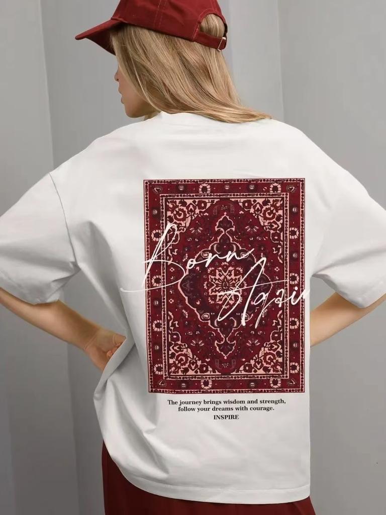 Women's Short Sleeve Graphic Tee Round Neck Casual Fashion T-Shirt With Vintage Print Oversized Fit