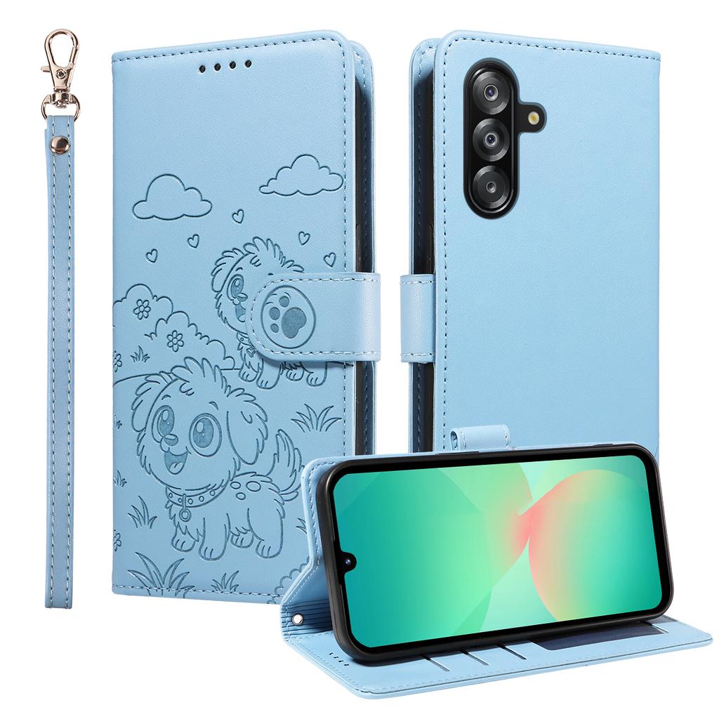 For Samsung Galaxy A16 4G/Galaxy A16 5G/Galaxy A26 5G/Galaxy A17 5G Case RFID Blocking Imprinted Dog Pattern PU Leather Phone Cover with Wrist Strap