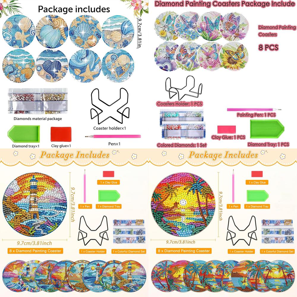 8-teiliges Set mit diamantbemalten Untersetzern mit Tier-, Strand- und Muschelmuster und Halterungen, DIY-Untersetzer für Anfänger und Erwachsene, Kunst- und Bastelbedarf, Geschenke