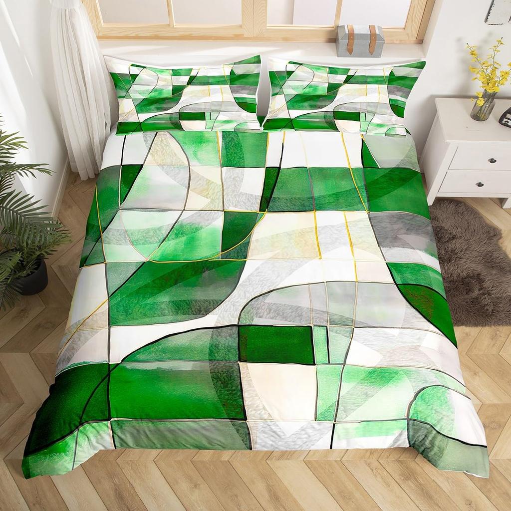 Feelyou Geometrisches Bettwäsche-Set Queen-Size Grün Schwarz Grau Bettbezug-Set für Jungen Mädchen Teenager Rechteck Quadrat Bettbezug Modern Abstrakt